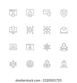 Cyber security line icon set. Editable stroke. Thin line icon. Containing access, alert, anti, broken shield, computer, cyber, cyber crime, cyber security.