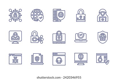 Cyber security line icon set. Editable stroke. Vector illustration. Containing internet security, padlock, cyber security, unprotected, hacker, lock, privacy protection, security.