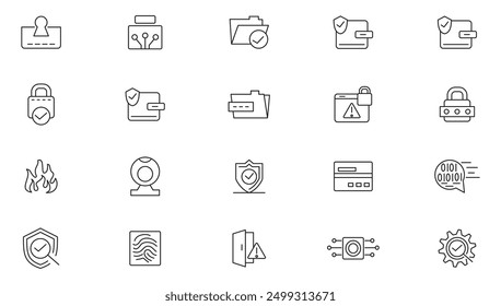 Cyber security line icon set. Security, Lock, Firewall, Mobile bank, Badge, Password, CCTV, Defence, Unlocked outline icon collection. UI thin line icon pack.