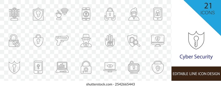 Conjunto de iconos de línea de seguridad cibernética que contiene hackers, delitos cibernéticos, antivirus, software, Contraseña, seguridad, bloqueo y más diseño de trazo  