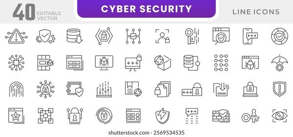 Cyber Security line icon set. Virus, fraud, malware bug, threat, theft, data phishing, hacker, password, safety, key, shield line icon set. UI thin line icon pack.