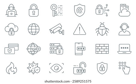 Cyber Security Line Icon Set. Vector Illustration for Digital Protection, Data Privacy, Network, and online Safety icons