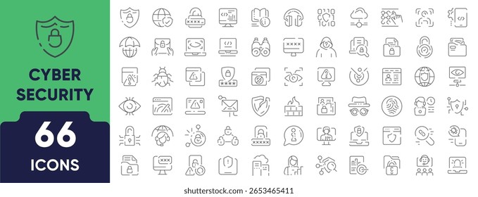 Cyber Security Line Icon Set. Set of 66 outline icons including shield, lock, firewall, data encryption, password, privacy, and protection. Editable stroke. Linear vector illustration.