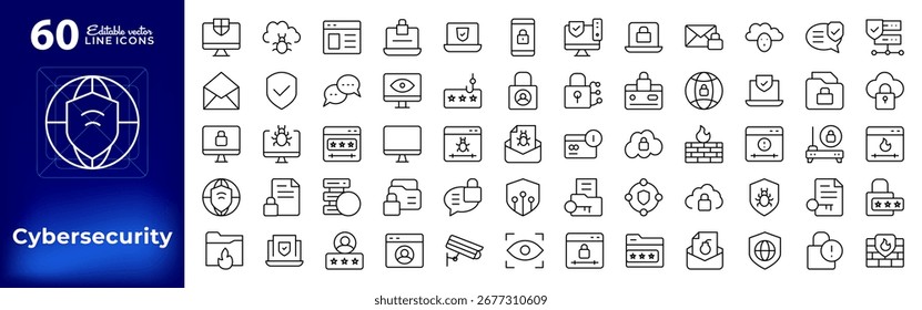 Conjunto de iconos de línea de ciberseguridad. Ciberseguridad, hacker, Contraseña, protección de datos, spam, antivirus, candado, firewall, monitoreo de red, virus, Ilustración vectorial de íconos de advertencia. Pixel stock perfecto.