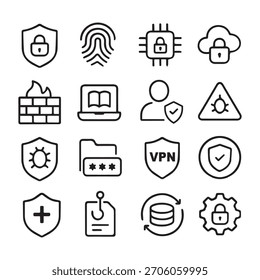 Cyber Security Line Icon Set-Vektorgrafik, Outline Data Protection, Biometrie, VPN, Firewall und Antivirus-Symbolsammlung für Netzwerk und Technologie Infografik