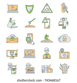 Cyber Security Line Icons in Color. Vector Set of Hacking and Cyber Crime.