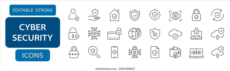 Iconos de línea de seguridad cibernética. Conjunto de Vectores de trazo editables para protección de datos y seguridad digital.