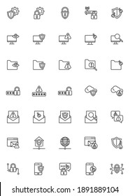 Symbol für Cyber-Sicherheitslinien gesetzt. Sammlung von linearen Stilsymbolen, Umrissbeschriftung. Vektorgrafiken. Set enthält Symbole wie Computer-Cyber-Angriff, Netzwerk-Security-Schild, Handy-Schutz