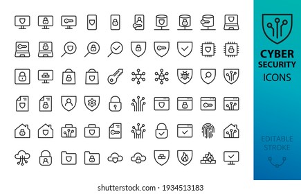 Cyber security line icons set. Set of  antivirus, fraud protection, network firewall, online privacy, fingerprint, cloud data encryption, mobile security, secure data, padlock isolated vector icons