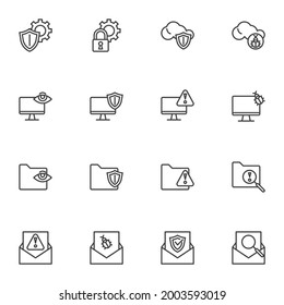 Conjunto de iconos de línea de seguridad cibernética, colección de símbolos de vector de contorno, paquete de pictogramas de estilo lineal. Señales, ilustración del logotipo. El conjunto incluye iconos como seguridad del equipo, privacidad en línea, correo electrónico, protección en la nube