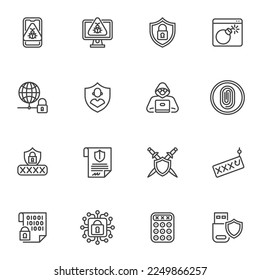Cyber-Sicherheits-Linie-Symbole, Umriss-Vektorsymbol-Sammlung, lineares Piktogramm-Paket. Zeichen, Logo-Illustration. Set beinhaltet Symbole wie Computer-Hacker, Passwort-Phishing, Netzwerkschutz