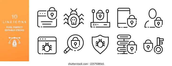 Cyber security line icons set. Editable stroke, screen,web page, beetle, error, monitor, viruses, browser, internet, data, knowledge, danger, infection. technology concept. Vector black line icons set