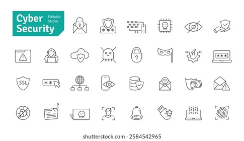 Cyber Security Line Icons Set. Cybercrime, Cyberspace, Shield, Protection, Technology, Defense, Antivirus, Hacker Icons Editable Stroke Vector Illustration