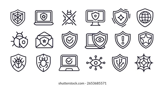 Cyber Security Line Icons Set Mostrando Proteção, Limpar e Proteger Aplicativo de Sistema de Computador, Antivírus, Defesa contra Malware, Correção de Bug Spy, Monitoramento de Privacidade Network Safety Concepts. Ilustração de vetor.