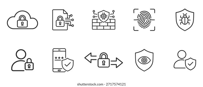 Conjunto de iconos de línea de seguridad cibernética: protección de datos, privacidad, autenticación y seguridad de la red