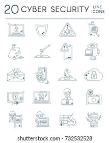 Cyber Security Line Icons. Vector Set of Hacking and Cyber Crime.