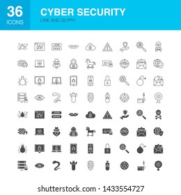 Cyber Security Line Web Glyph Icons. Vector Illustration of Computer Outline and Solid Symbols. 