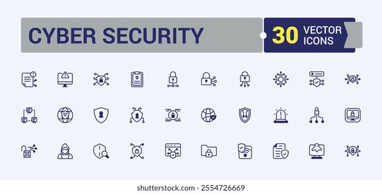 Cyber Security line web icon set. Includes thin line password, access, police, leak, datum and more. Simple line vector. Outline and solid pictogram.