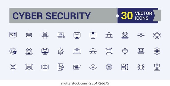 Cyber Security line web icon set. Includes thin line password, access, police, leak, datum and more. Simple line vector. Outline and solid pictogram.