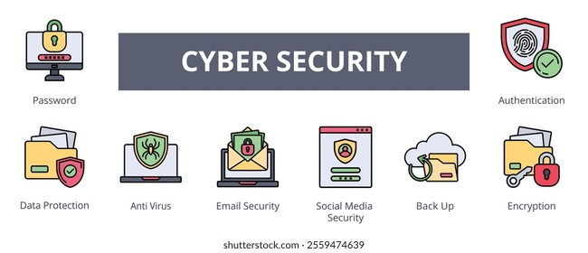 Cyber Security Lineal Color Banner Web Icon Set Vector Illustration