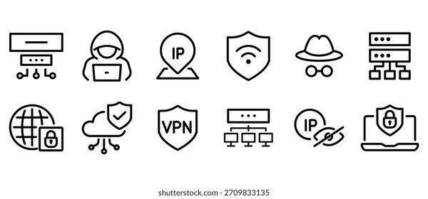 Cyber security linear icon set. VPN, proxy, hacker, firewall, padlock, network monitoring, IP address, Network Security, and more in a vector thin line icon pack. Editable strokes.