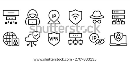 Cyber security linear icon set. VPN, proxy, hacker, firewall, padlock, network monitoring, IP address, Network Security, and more in a vector thin line icon pack. Editable strokes.