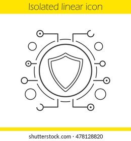 Cyber security linear icon. Thin line illustration. Contour symbol. Shield in microchip pathways. Vector isolated outline drawing