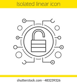 Cyber security linear icon. Thin line illustration. Unlock contour symbol. Access granted. Open padlock in microchip pathways. Vector isolated outline drawing