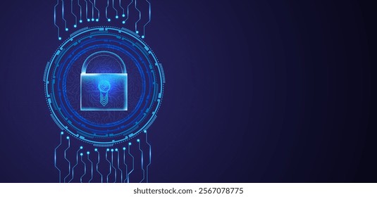 Cyber security lock with futuristic circuit board blue concept vector editable.