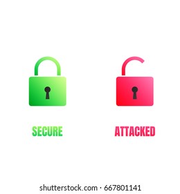 Cyber security lock icons. Computer security signs for secure and cyber attacked data.