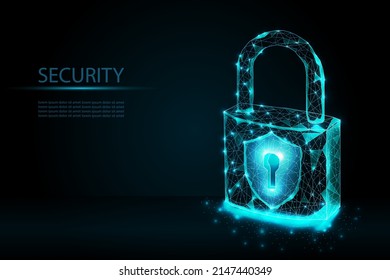 Cyber security lock. Wireframe low poly style padlock with guard shield vector illustration. Antivirus or firewall concept. Internet technology network, business idea, futuristic design of safety.