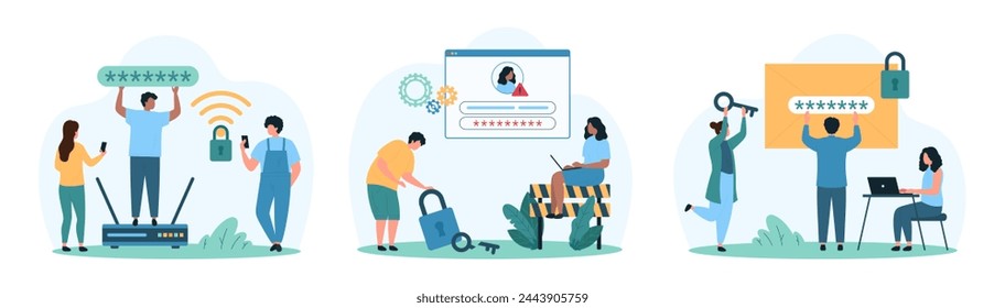 Cyber security, login and password for account, mailbox app, access to wifi network set. Tiny people protect data privacy from hacking with secret key of encryption cartoon vector illustration