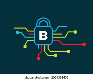 Logo de Cyber Security con concepto de letra B. Logotipo de letra B para ciberprotección, tecnología, biotecnología y alta tecnología