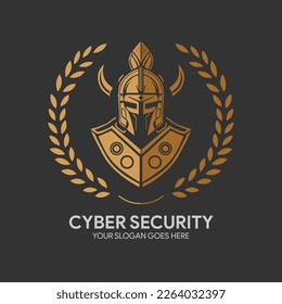 Cyber security logo for brand and company with grain, shield and helmet, spartan warrior, flat vector, black gray, and brown color