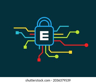 Cyber Security logo with E letter concept. E letter logo for Cyber Protection, technology  and biotechnology, high tech