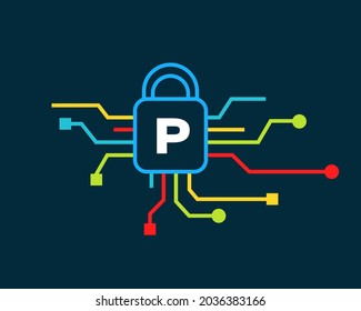 Cyber Security logo with P letter concept. P letter logo for Cyber Protection, technology, biotechnology and high tech