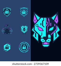Cyber Security Logo Set, Geometric Wolf Head and Shield Icons, Blue Neon Digital Defense Concept Vector