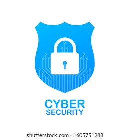 Cyber security logo with shield and check mark. Security shield concept. Internet security. stock illustration.