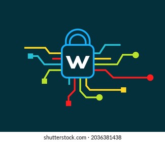 Logo de Cyber Security con concepto de letra W. Logo de la letra W para ciberprotección, tecnología, biotecnología y alta tecnología