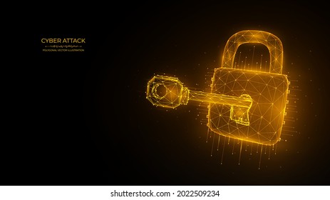 Cyber security low poly art. Polygonal vector illustration of a key and lock. Cyber attack or data hacking concept.