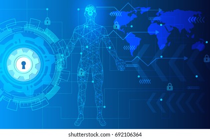 Cyber security man protection concept technology.Secure digital space. Virtual confidential, structure point connection, programming protection, padlock scheme system, vector illustration