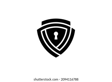 Cyber Security Minimal Symbol Design. Vector Logo Template. A database shield protection safe guard in a maze form with a key padlock in the middle. Hacking protection network guard and antivirus soft