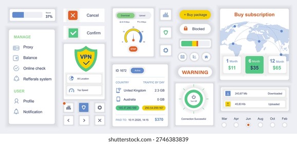 Cyber security mobile app template with user interface elements. Bundle of UI, UX, GUI kit with proxy, vpn, online profile, location, speed, download, upload, statistic, more. Vector illustration.