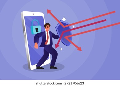 Concepto de seguridad cibernética y protección de datos móviles con el hombre de negocios sosteniendo el escudo para bloquear los ataques de flecha para la seguridad del teléfono inteligente y la estrategia de gestión de riesgos de privacidad.