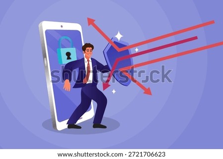 Cyber security and mobile data protection concept with businessman holding shield to block arrow attacks for smartphone safety and privacy risk management strategy.