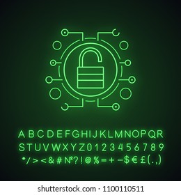 Cyber security neon light icon. Access granted. Open padlock in microchip pathways. Glowing sign with alphabet, numbers and symbols. Vector isolated illustration
