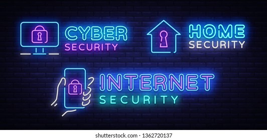 Cyber Security Neon signs set Vector. Internet Security neon sign, design template, modern trend design, night signboard, night bright advertising, light banner, light art. Vector illustration