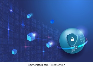 Cyber security network with block chain technology, secure data protection from digital service provider. Shield and padlock with safety network connecting on globe. 