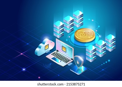 Cyber security network connecting to access financial transaction. Money protection system with cloud computing technology and investment platform on laptop.