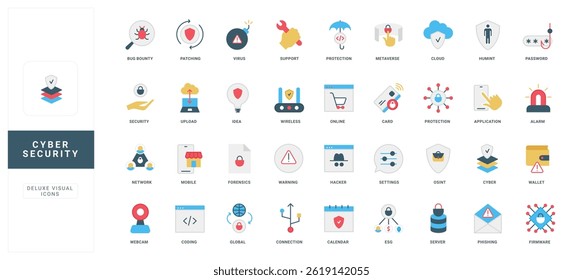 Segurança cibernética de conexão de rede e dados, servidor e carteira, sistema de privacidade digital conjunto de ícones de cores. Aviso de crime de hackers, proteção de nuvem e código, ilustração de vetor plano de phishing de e-mail